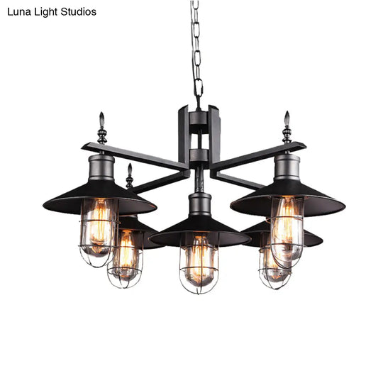 Vintage Wide Flared Pendant Chandelier With 6 Heads And Clear Glass Shade - Black Metal Caged Drop