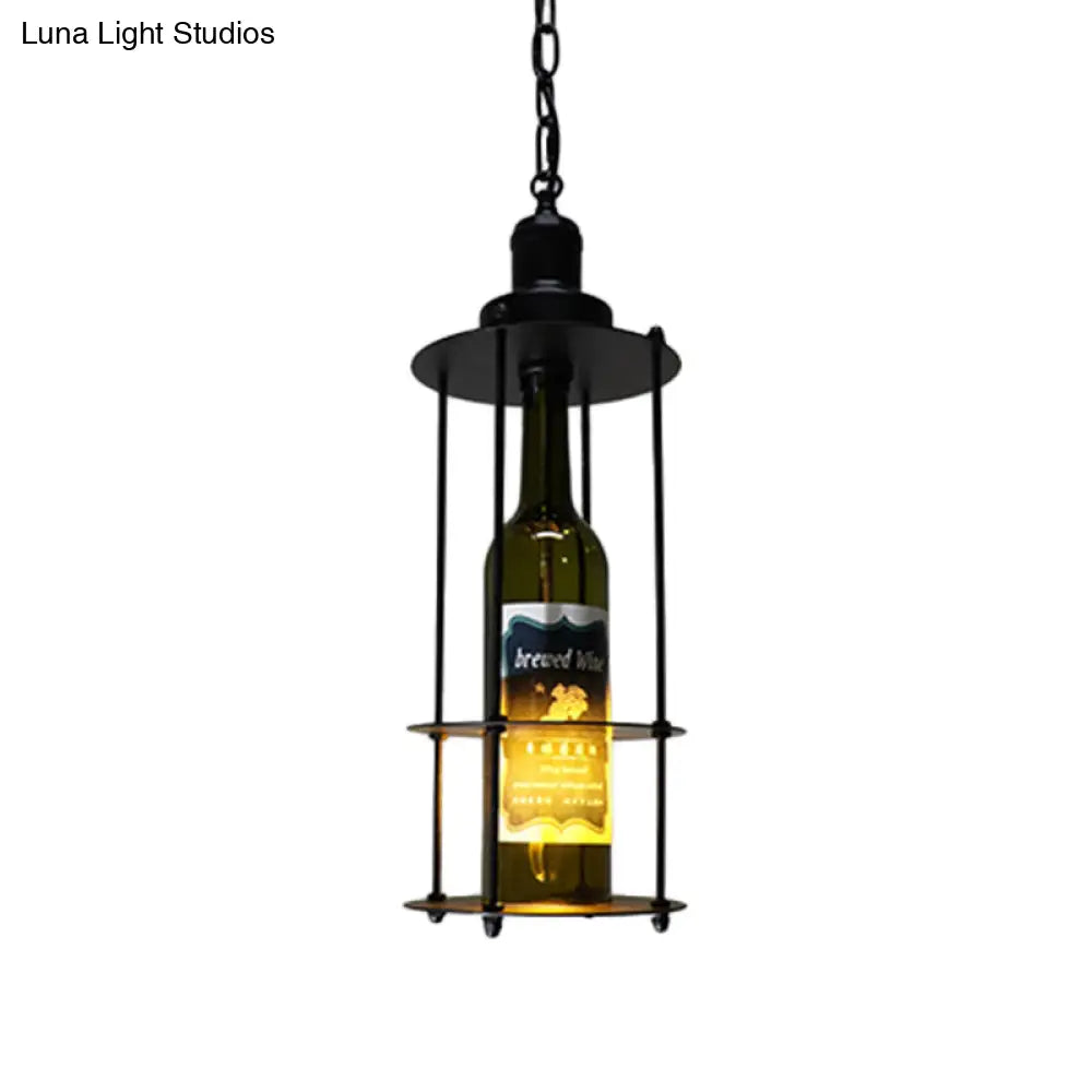 Vintage Wine Bottle Drop Pendant With Wire Cage - Black Glass Hanging Lamp