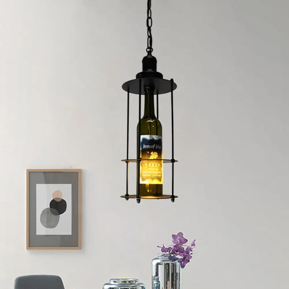 Vintage Wine Bottle Drop Pendant With Wire Cage - Black Glass Hanging Lamp