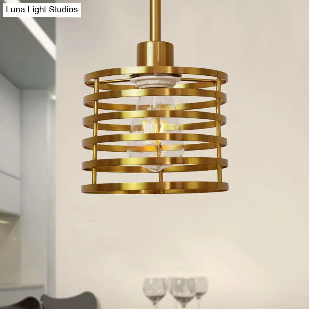 Vintage Wire Cage Pendant Light With Cylindrical Shade - Single Bulb Metallic Finish (Black/Brass)