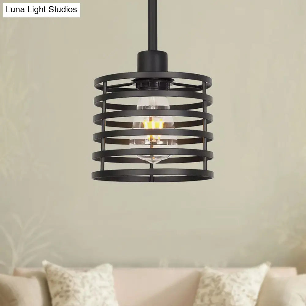 Vintage Wire Cage Hanging Lamp: Metallic Pendant Light With Cylindrical Black/Brass Shade