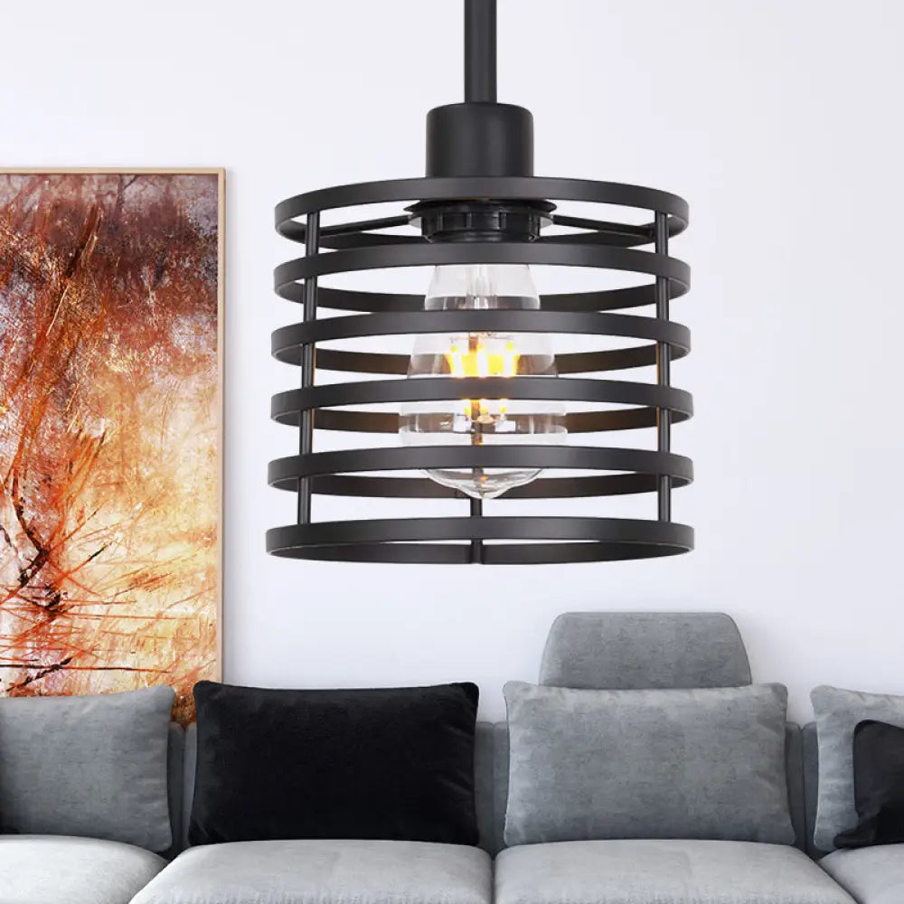 Vintage Wire Cage Hanging Lamp: Metallic Pendant Light With Cylindrical Black/Brass Shade Black