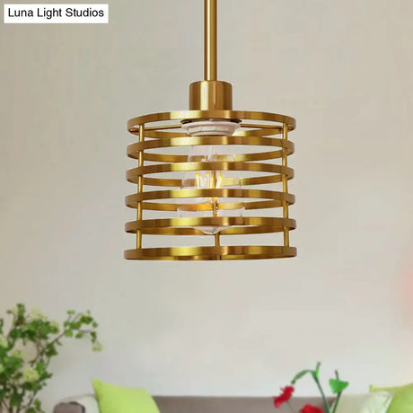 Vintage Wire Cage Hanging Lamp: Metallic Pendant Light With Cylindrical Black/Brass Shade