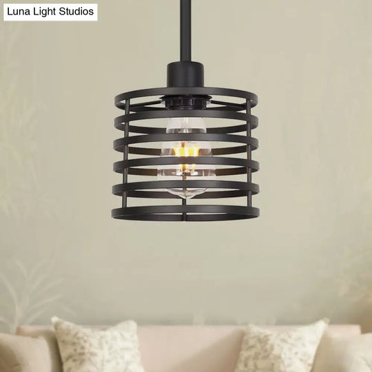 Vintage Wire Cage Pendant Light With Cylindrical Shade - Single Bulb Metallic Finish (Black/Brass)