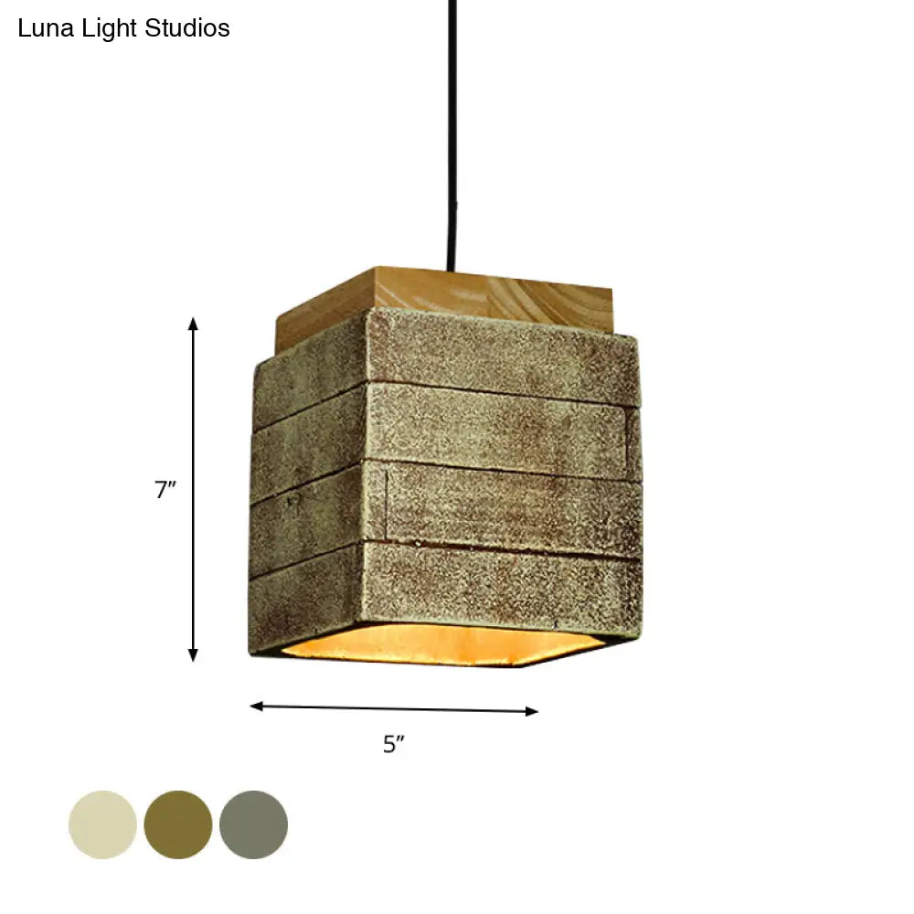 Vintage Wood And Cement 1-Head Restaurant Pendant Lamp With Gray/Brown/Brass Cubic Shade