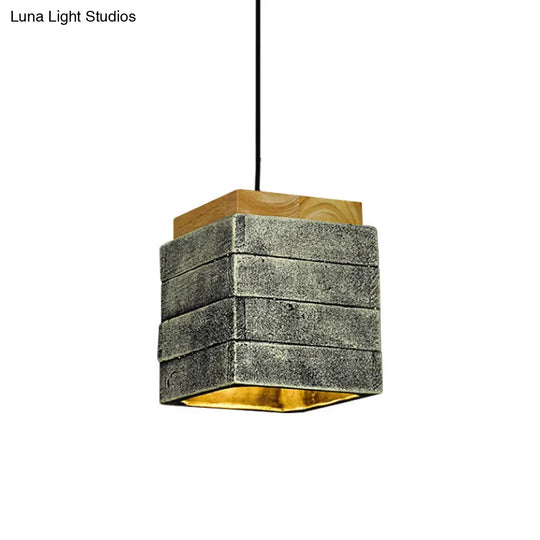 Vintage Wood And Cement Hanging Lamp With Cubic Gray/Brown/Brass Shade - Ideal For Restaurants