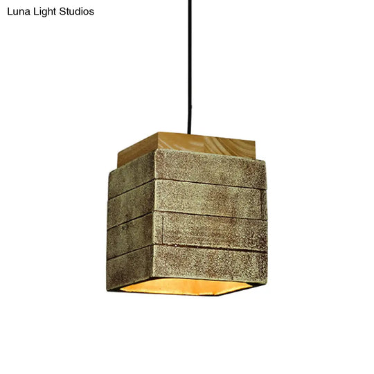 Vintage Wood And Cement Hanging Lamp With Cubic Gray/Brown/Brass Shade - Ideal For Restaurants