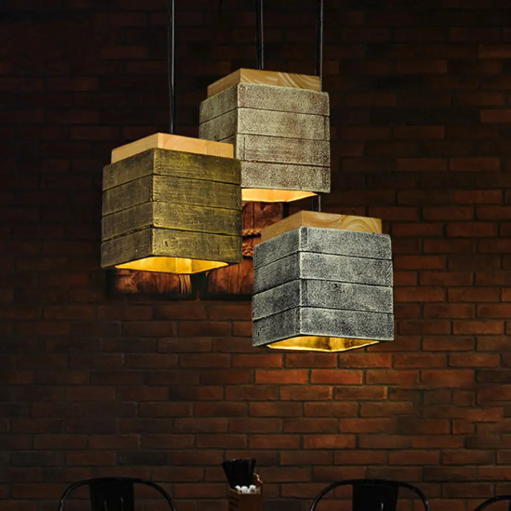 Vintage Wood And Cement 1-Head Restaurant Pendant Lamp With Gray/Brown/Brass Cubic Shade Grey