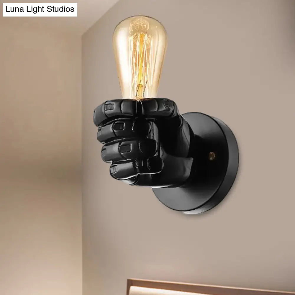 Vintage Wood Bare Bulb Sconce Light With Hand-Shaped Base - Black/White Restaurant Wall Lamp