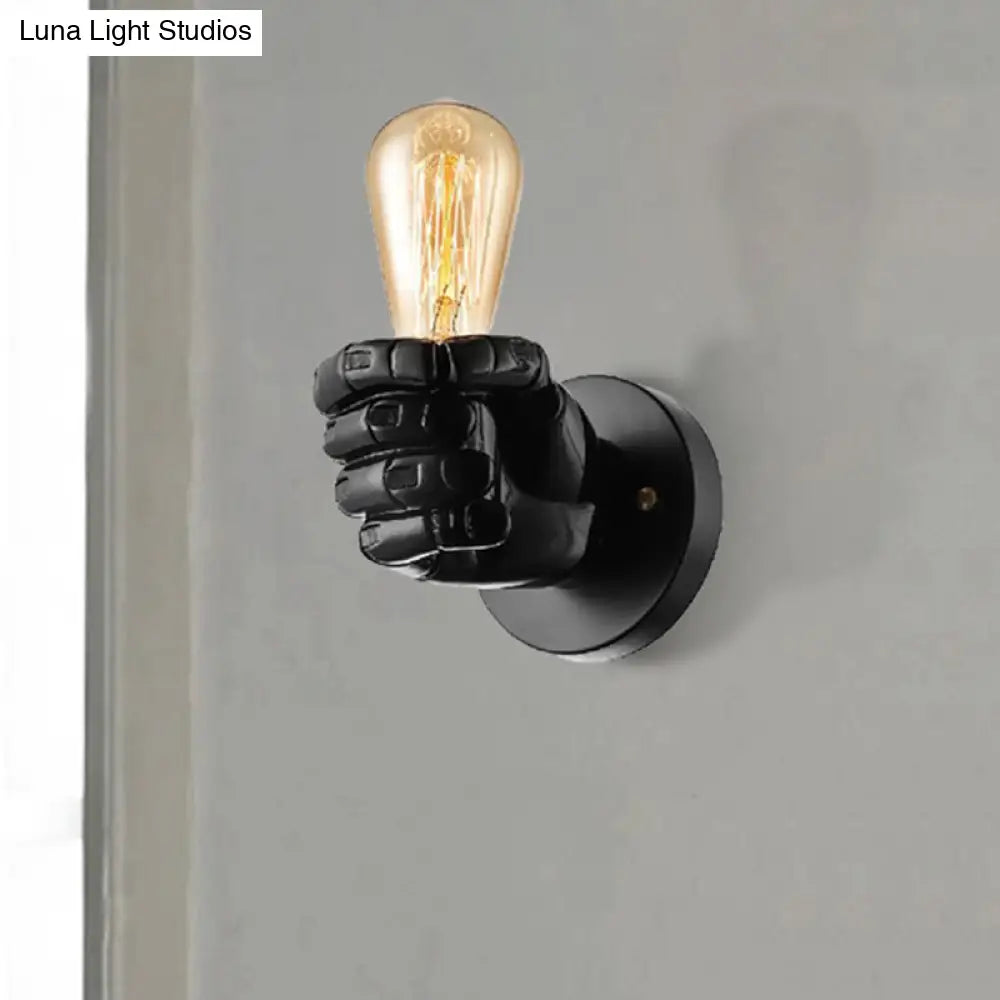 Vintage Wood Bare Bulb Sconce Light With Hand-Shaped Base - Black/White Restaurant Wall Lamp