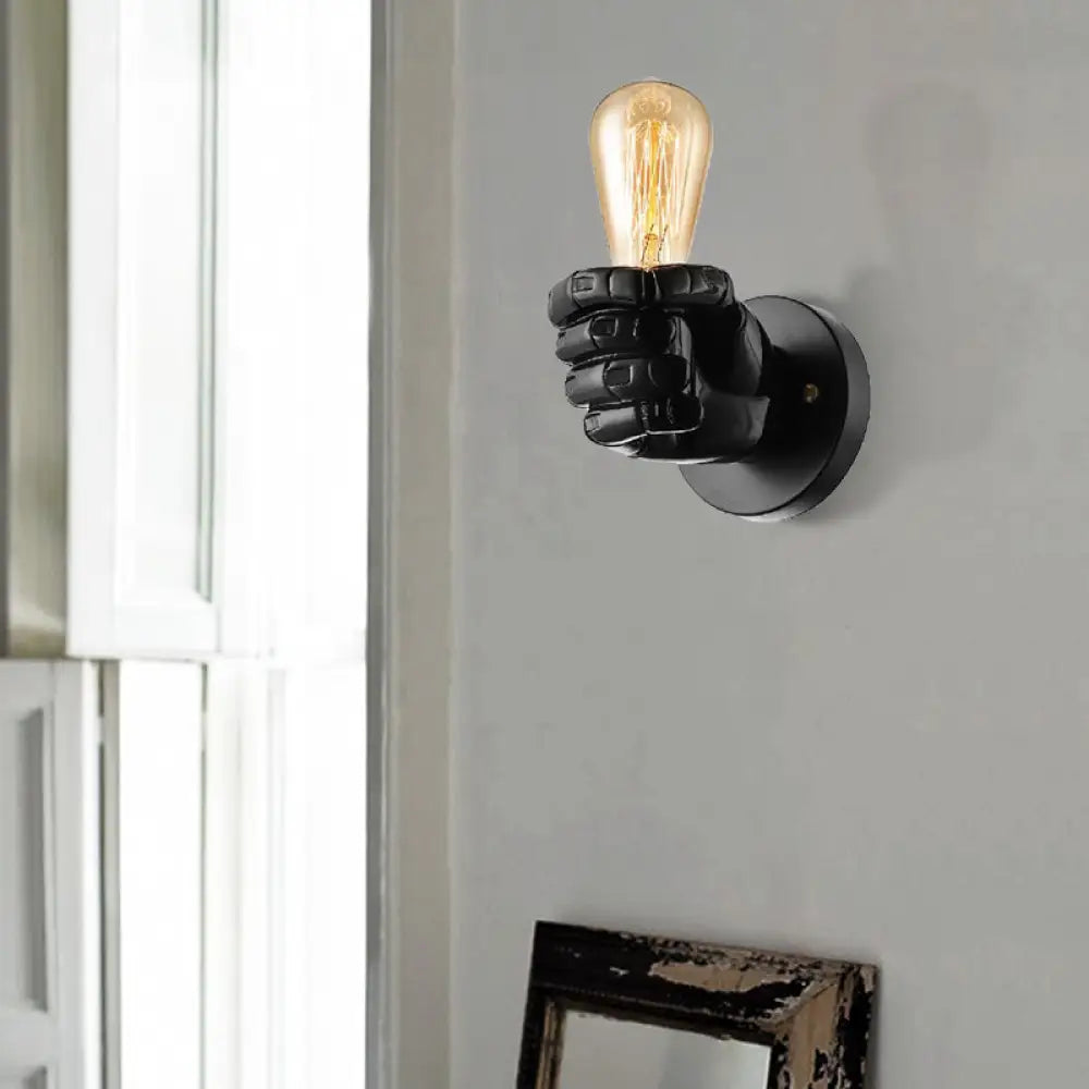 Vintage Wood Bare Bulb Sconce Light With Hand-Shaped Base - Black/White Restaurant Wall Lamp Black /