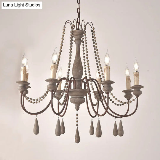 Vintage Wood Chandelier With 8 Bead Draped Pendant Lights