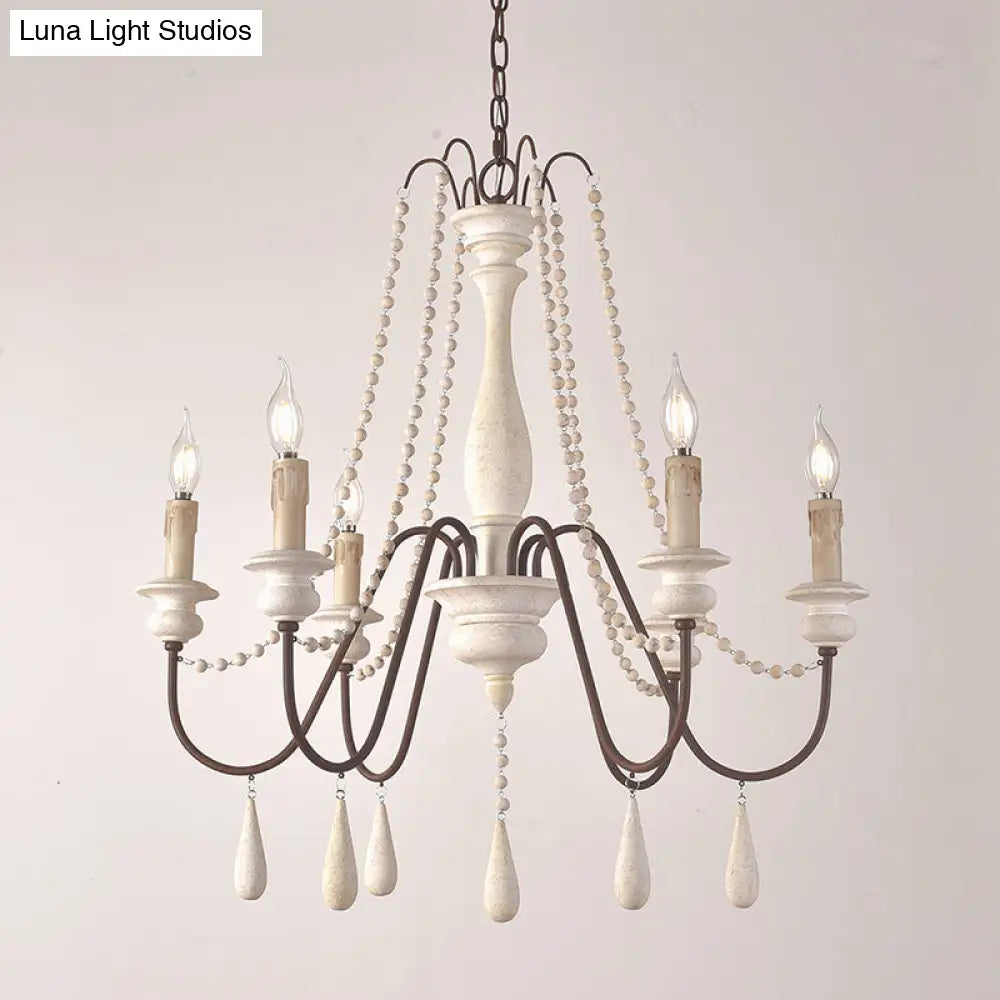 Vintage Wood Chandelier With 8 Bead Draped Pendant Lights