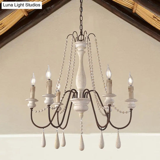 Vintage Wood Chandelier With 8 Bead Draped Pendant Lights