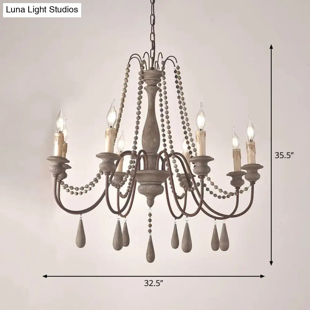 Vintage Wood Chandelier With 8 Bead Draped Pendant Lights