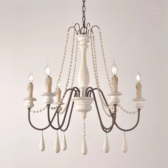 Vintage Wood Chandelier With 8 Bead Draped Pendant Lights Distressed White