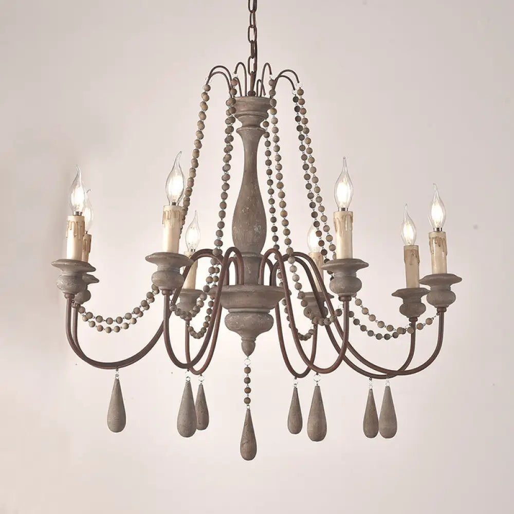 Vintage Wood Chandelier With 8 Bead Draped Pendant Lights Grey