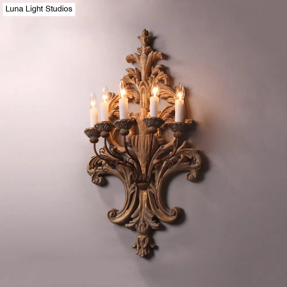 Vintage Wood Finish Metal Wall Mounted Candle Sconce With 5-Lights And Flower Grain Backplate