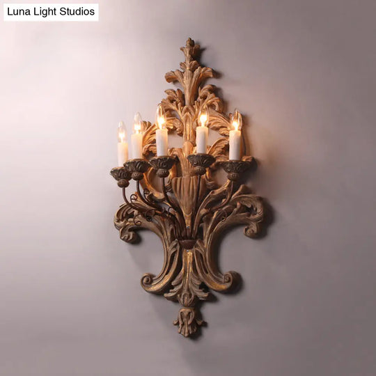 Vintage Wood Finish Metal Wall Mounted Candle Sconce With 5-Lights And Flower Grain Backplate