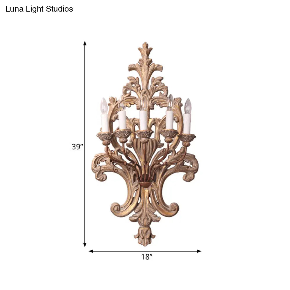 Vintage Wood Finish Metal Wall Mounted Candle Sconce With 5-Lights And Flower Grain Backplate