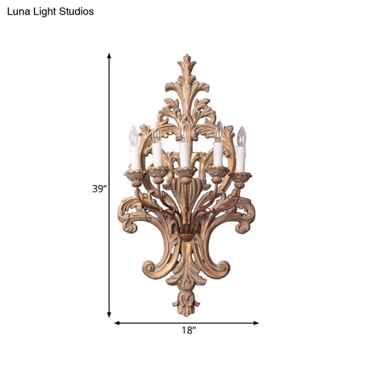 Vintage Wood Finish Metal Wall Mounted Candle Sconce With 5-Lights And Flower Grain Backplate