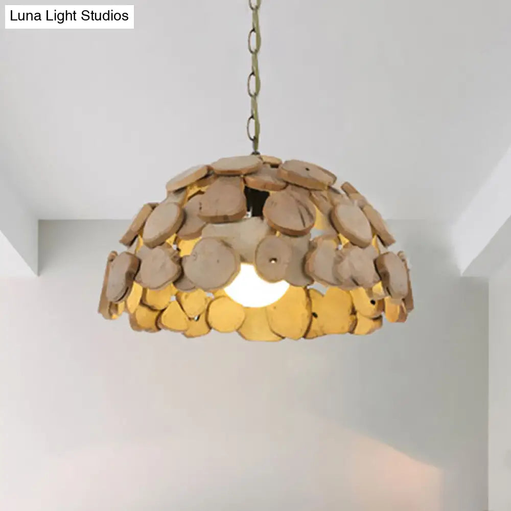 Vintage Wooden Dome Pendant Light With Adjustable Chain - Natural Wood Single-Light Hanging Lamp