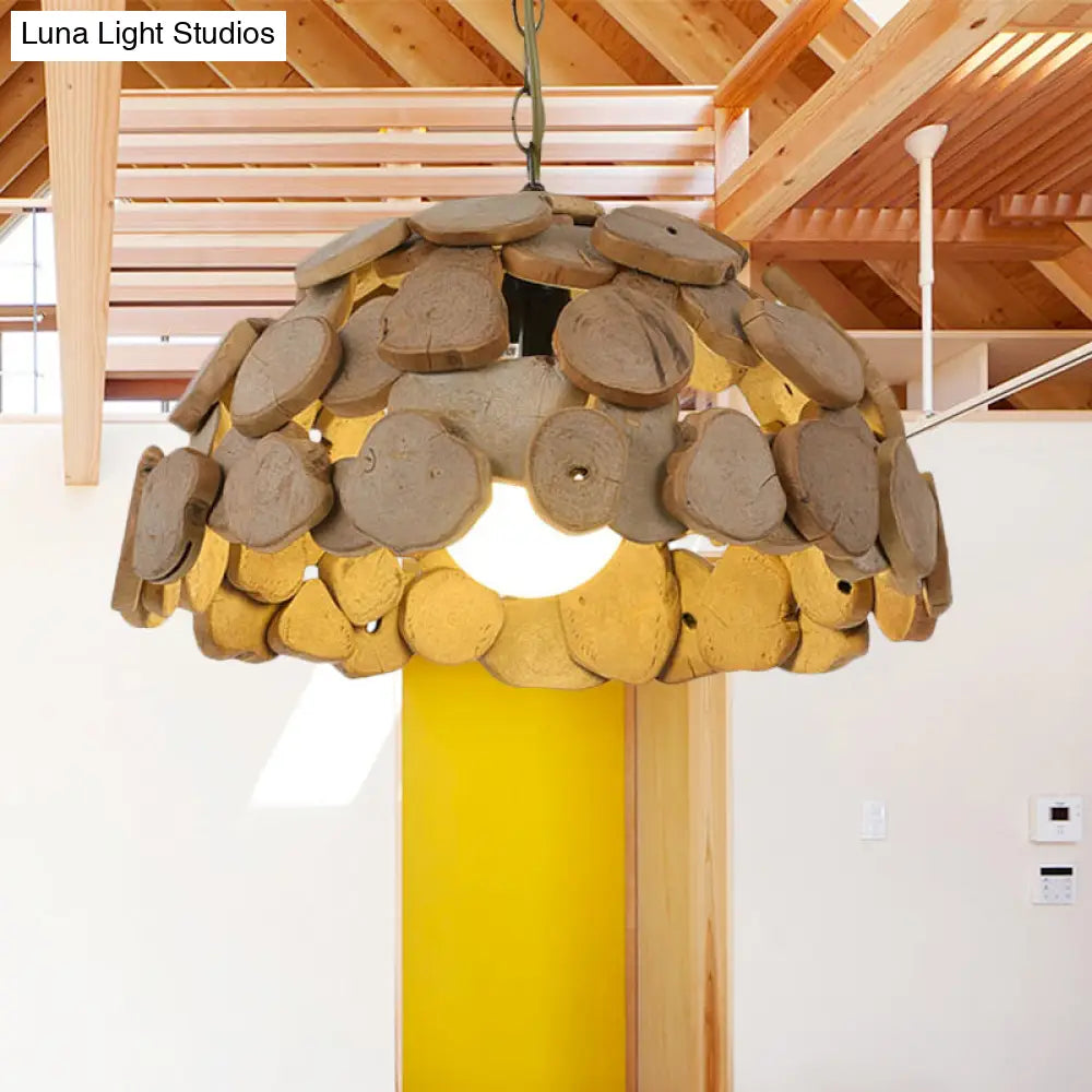 Vintage Wooden Dome Pendant Light With Adjustable Chain - Natural Wood Single-Light Hanging Lamp