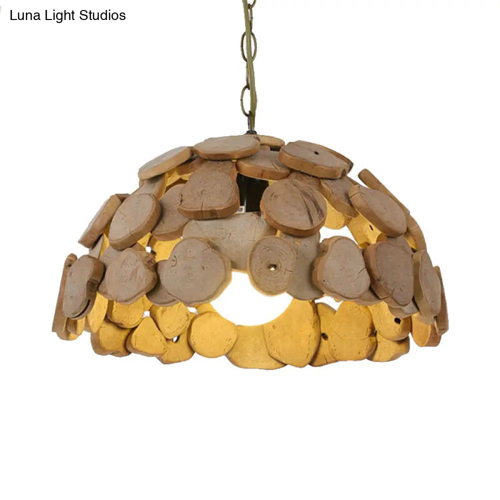 Vintage Wooden Dome Pendant Light With Adjustable Chain - Natural Wood Single-Light Hanging Lamp