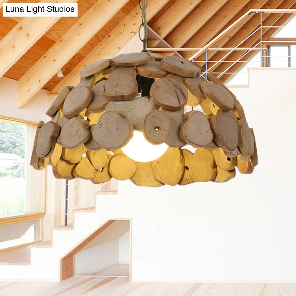 Vintage Wooden Dome Pendant Light With Adjustable Chain - Natural Wood Single-Light Hanging Lamp