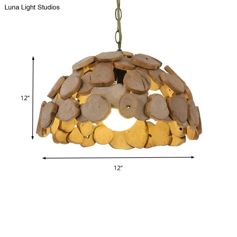 Vintage Wooden Dome Pendant Light With Adjustable Chain - Natural Wood Single-Light Hanging Lamp