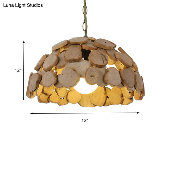 Vintage Wooden Dome Pendant Light With Adjustable Chain - Natural Wood Single-Light Hanging Lamp