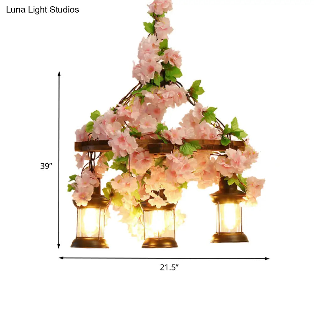 Vintage Wooden Lantern Pendant Chandelier With Led Flower Suspension Light In Pink - 3/6/8 Heads