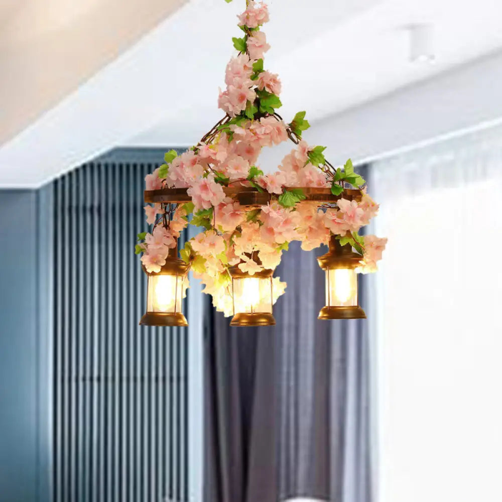 Vintage Wooden Lantern Pendant Chandelier With Led Flower Suspension Light In Pink - 3/6/8 Heads