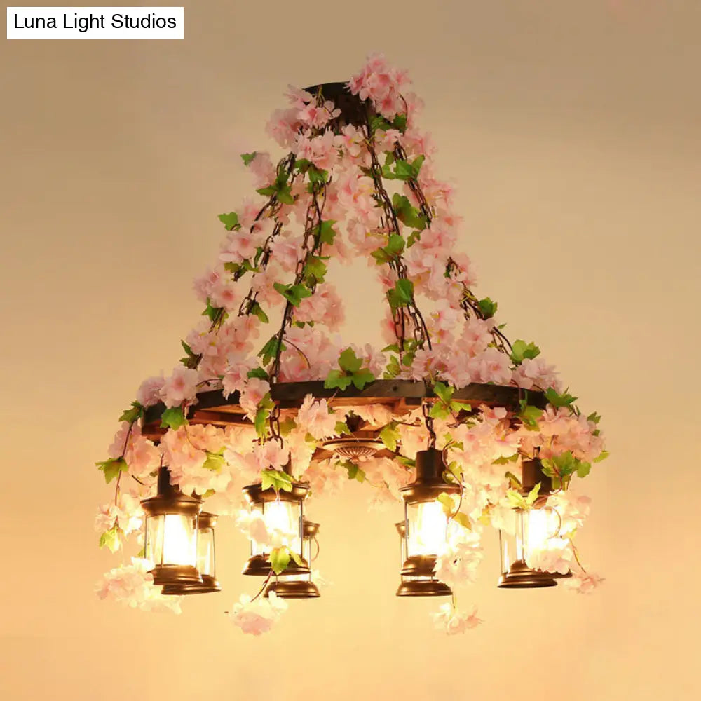 Vintage Wooden Lantern Pendant Chandelier With Led Flower Suspension Light In Pink - 3/6/8 Heads