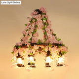 Vintage Wooden Lantern Pendant Chandelier With Led Flower Suspension Light In Pink - 3/6/8 Heads
