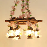 Vintage Wooden Lantern Pendant Chandelier With Led Flower Suspension Light In Pink - 3/6/8 Heads