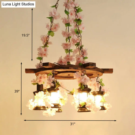 Vintage Lantern Chandelier With Wooden Led Flower Suspension Light In Pink - 3/6/8 Heads 21.5/27/30