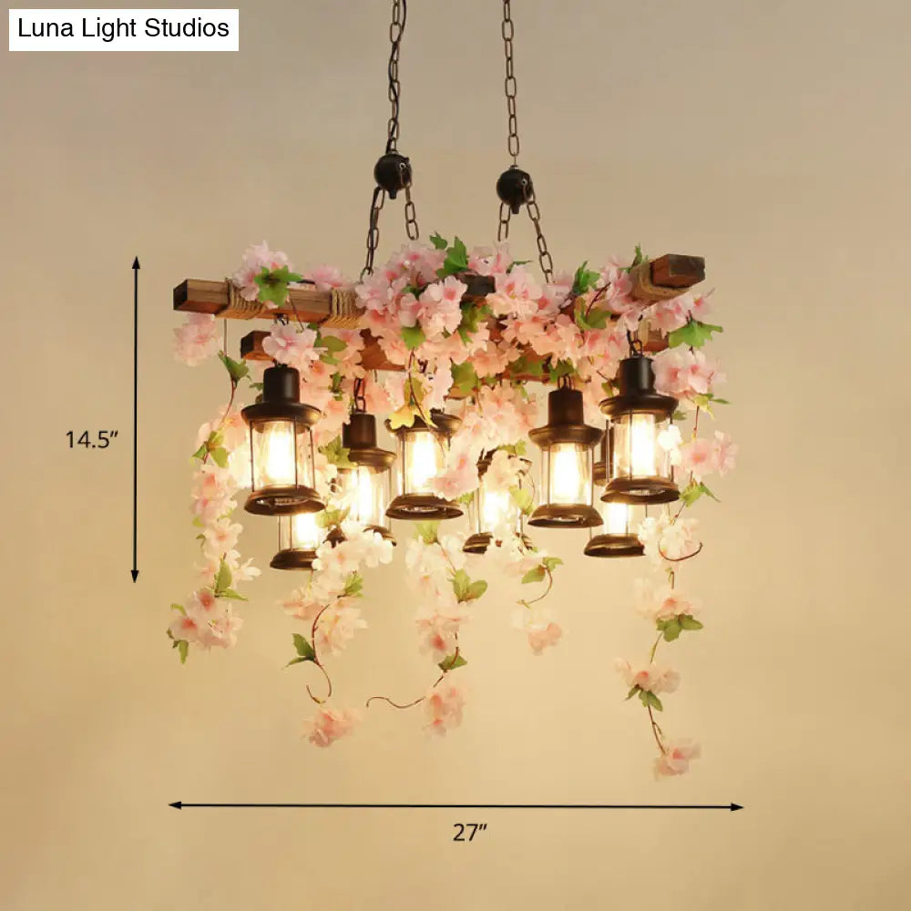 Vintage Wooden Lantern Pendant Chandelier With Led Flower Suspension Light In Pink - 3/6/8 Heads