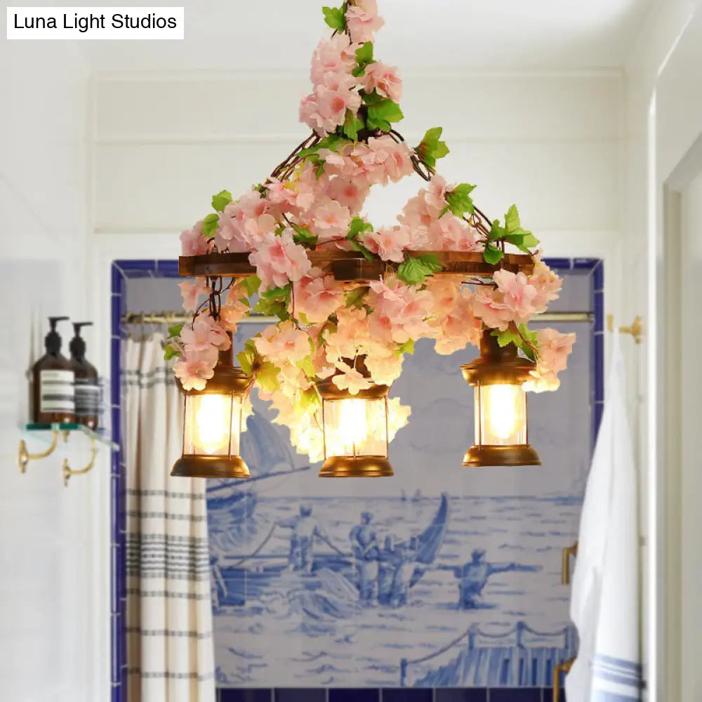 Vintage Wooden Lantern Pendant Chandelier With Led Flower Suspension Light In Pink - 3/6/8 Heads