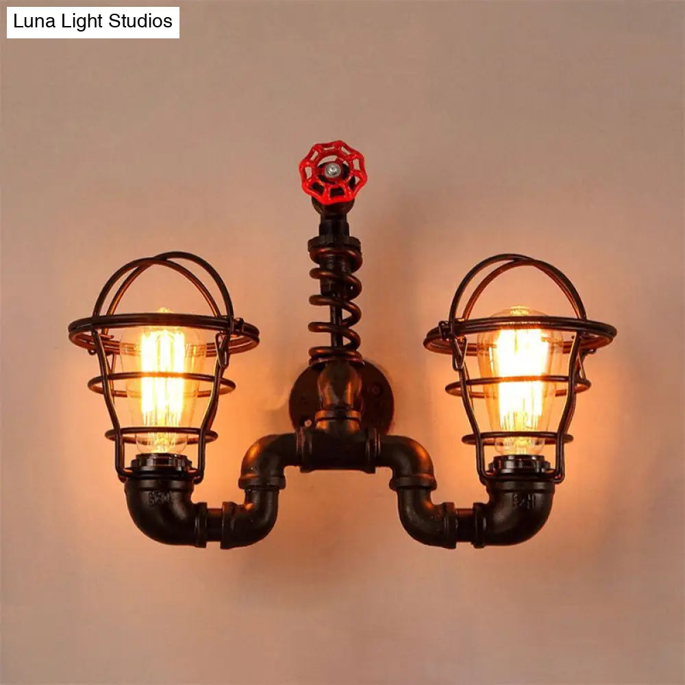 Vintage Wrought Iron Wall Lamp With Wire Guard & Pipe-Valve Fixture (2 Bulbs Black)