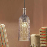 Vintage Yellow/Brown Glass Pendant Light With Dimpled Bottle Shade - 1-Light Fixture For Living