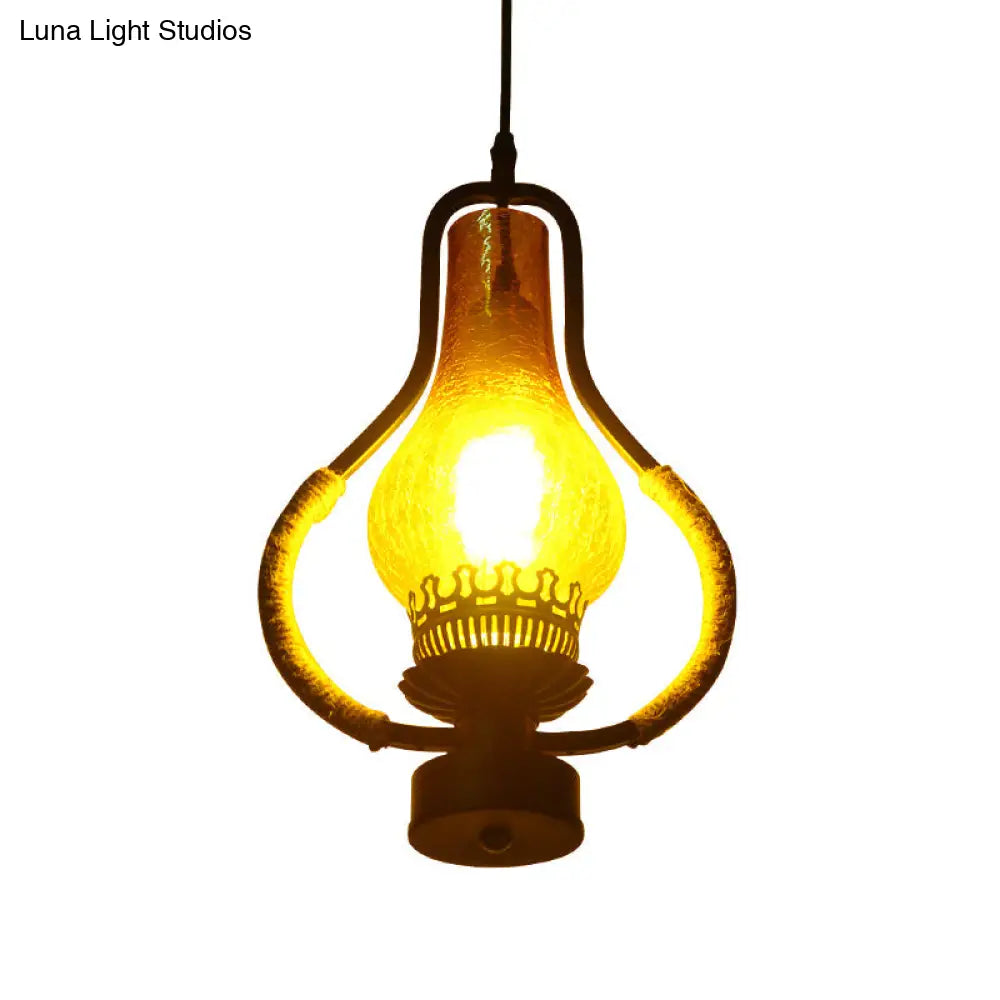 Vintage Yellow Crackle Glass Kerosene Pendant Light For Living Room - Black 1-Light Hanging Ceiling