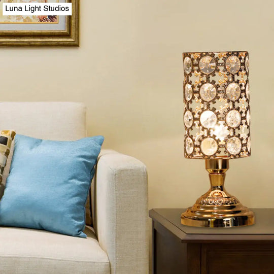 Modernism Crystal-Encrusted 1-Bulb Gold Table Light With Tapered/Cylinder Shade Reading Lamp