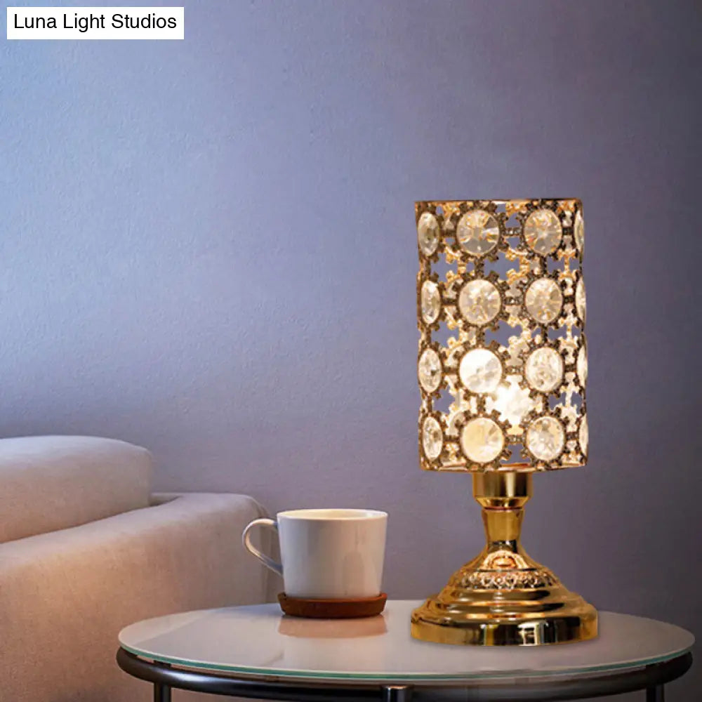 Modernism Crystal-Encrusted 1-Bulb Gold Table Light With Tapered/Cylinder Shade Reading Lamp / C