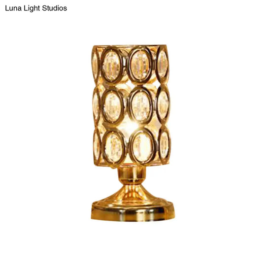 Modernism Crystal-Encrusted 1-Bulb Gold Table Light With Tapered/Cylinder Shade Reading Lamp