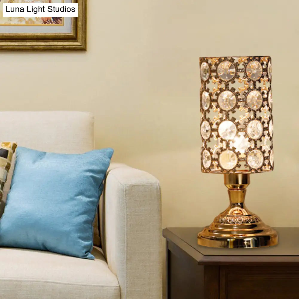 Viola - Modernism 1 Bulb Table Light With Crystal-Encrusted Shade Gold Tapered/Cylinder Reading Lamp