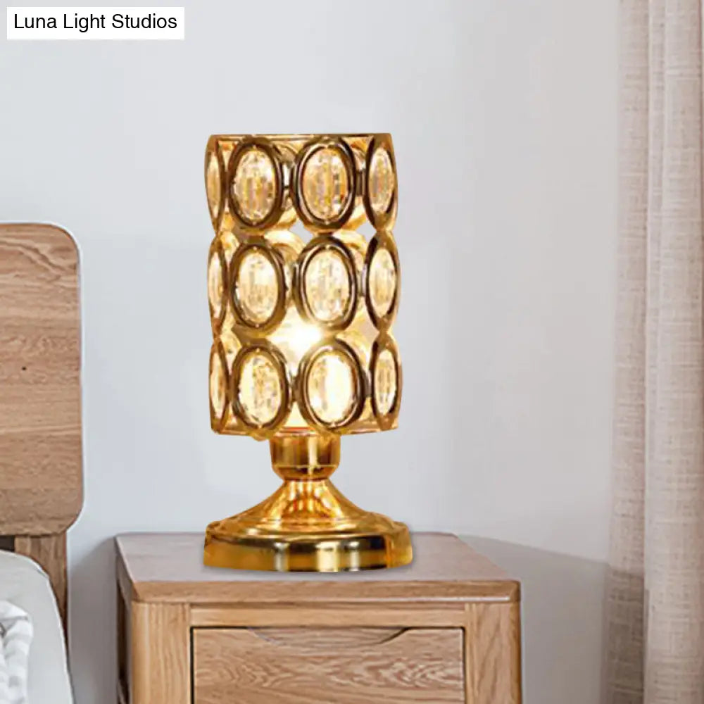 Viola - Modernism 1 Bulb Table Light With Crystal-Encrusted Shade Gold Tapered/Cylinder Reading Lamp