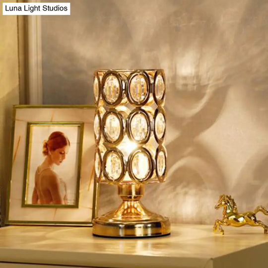 Modernism Crystal-Encrusted 1-Bulb Gold Table Light With Tapered/Cylinder Shade Reading Lamp / B