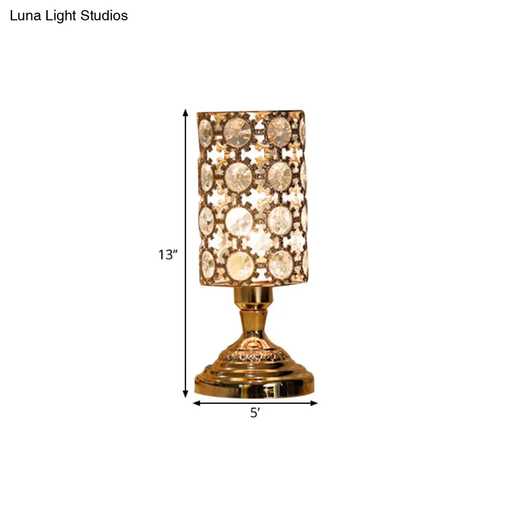 Modernism Crystal-Encrusted 1-Bulb Gold Table Light With Tapered/Cylinder Shade Reading Lamp