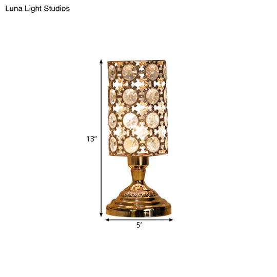 Modernism Crystal-Encrusted 1-Bulb Gold Table Light With Tapered/Cylinder Shade Reading Lamp